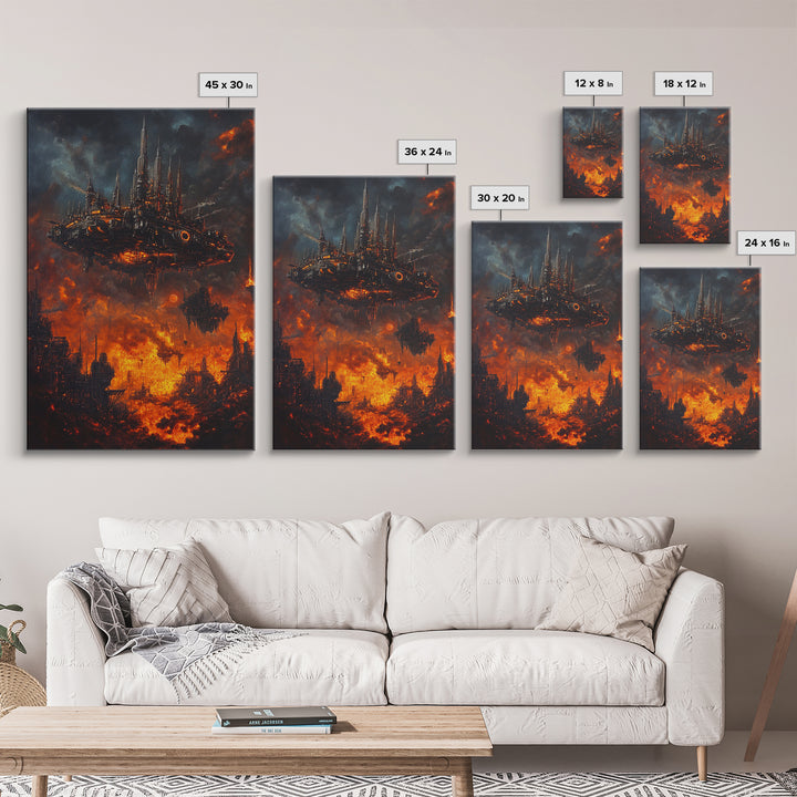 Fiery Dystopian Floating City Framed Canvas Print, Cyberpunk Wall Art, Dark Sci Fi Decor, Apocalyptic Fantasy Art, Poster