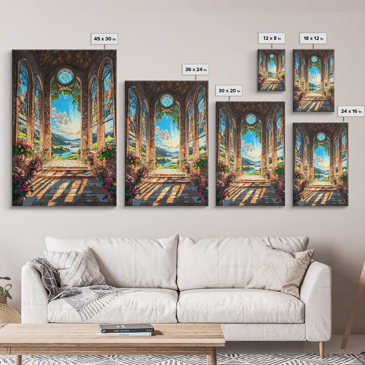 Cathedral Window Lake Vista Framed Canvas Print, Stained Glass Wall Art, Floral Garden Decor, Serene Coastal Landscape Art