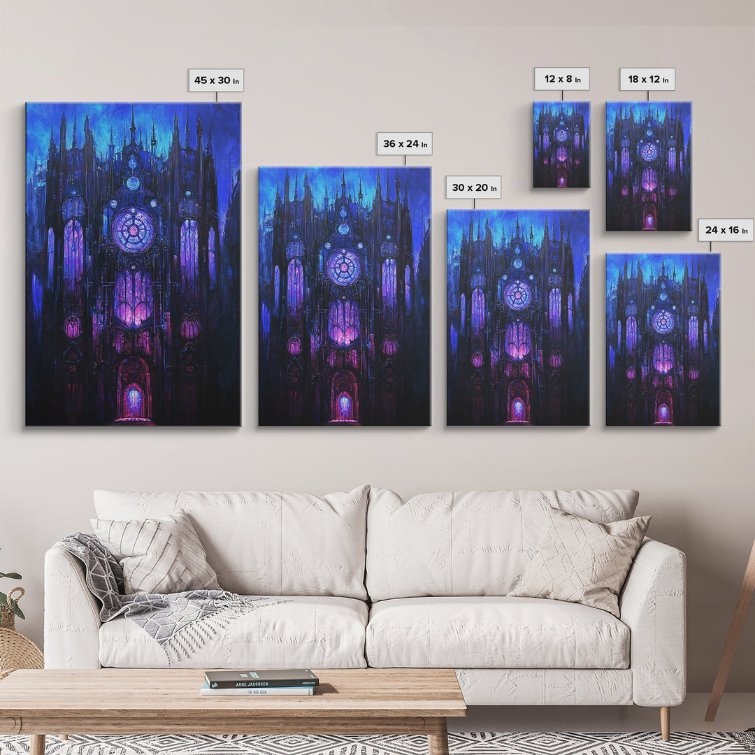 Blue Gothic Clockwork Cathedral Canvas Print, Dark Academia Wall Art, Purple Stained Glass Decor, Moody Fantasy Art Poster