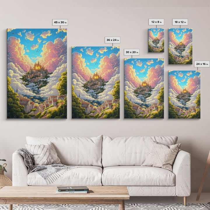 Heavenly Cloud City Above Coastal Village Canvas Print, Fantasy Wall Art, Colorful Landscape Decor, Dreamy Sunlit Poster