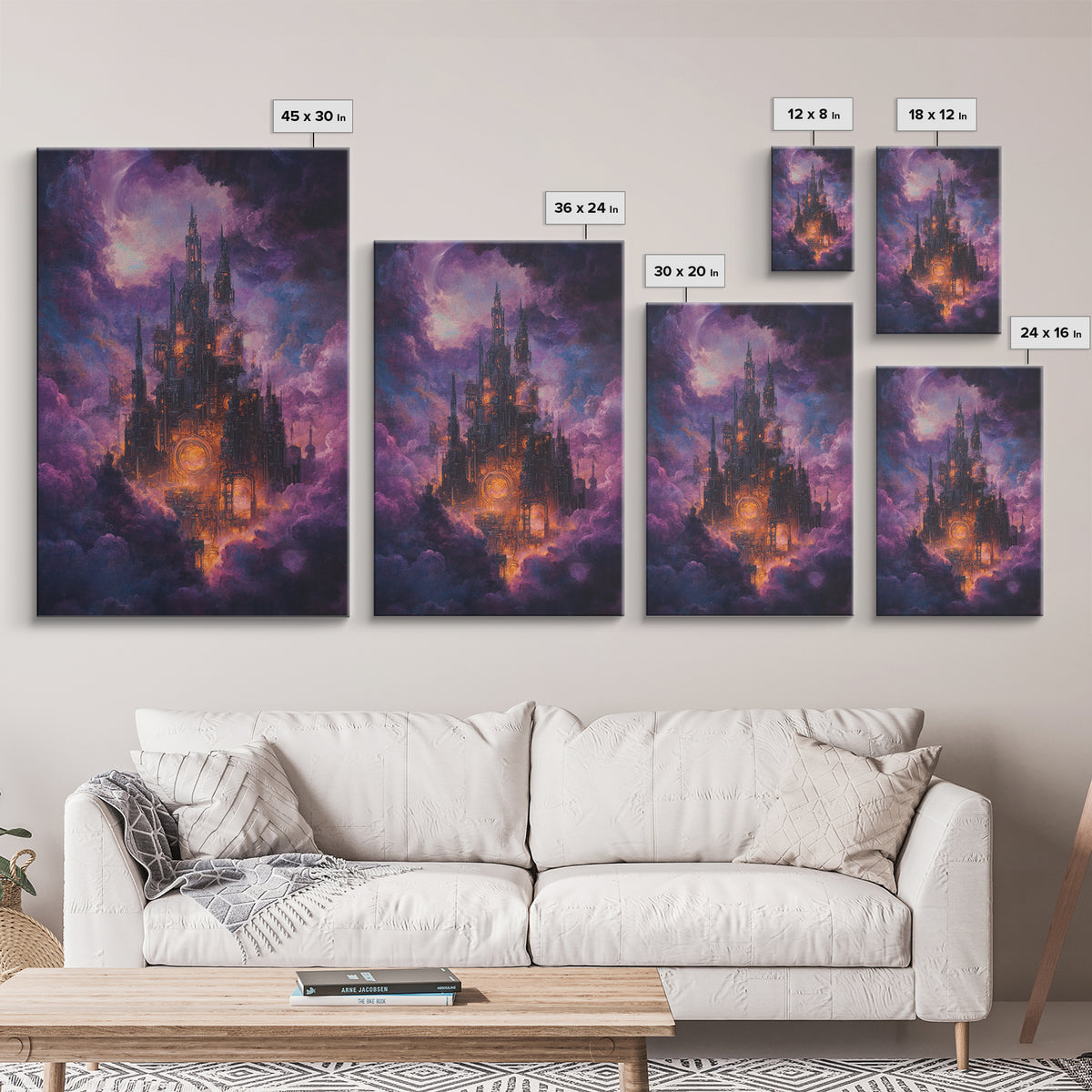 Mystical Purple Cloud Castle Framed Canvas Print, Dark Fantasy Wall Art, Celestial Gothic Decor, Moody Surreal Art Gift For Her