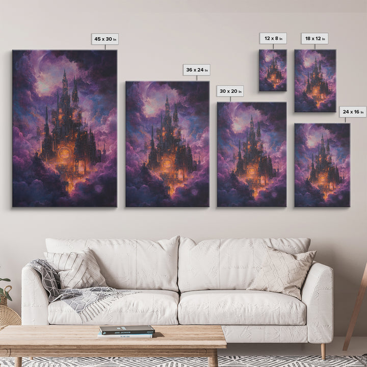 Mystical Purple Cloud Castle Framed Canvas Print, Dark Fantasy Wall Art, Celestial Gothic Decor, Moody Surreal Art Gift For Her