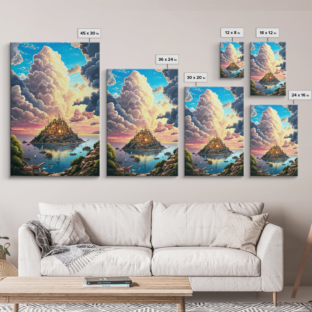 Golden Island Castle At Sunset Canvas Print, Fantasy Seascape Wall Decor, Coastal Landscape Art For Living Room Decor Gift