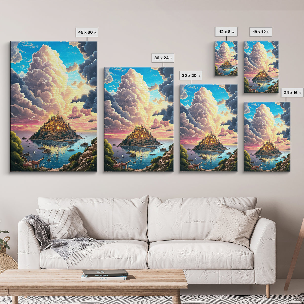 Golden Island Castle At Sunset Canvas Print, Fantasy Seascape Wall Decor, Coastal Landscape Art For Living Room Decor Gift