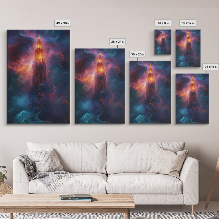 Fiery Gothic Tower Framed Canvas Print, Dark Fantasy Abstract Art, Moody Surreal Wall Decor For Office And Living Room Art
