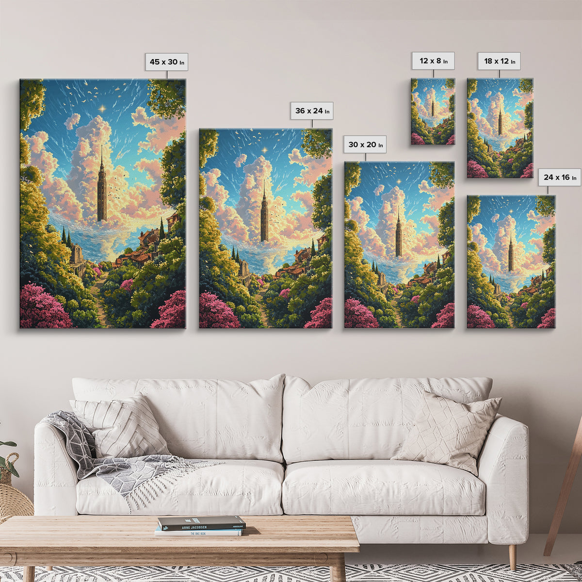 Floating Cloud Tower Canvas Print, Whimsical Fantasy Landscape Wall Art, Dreamy Garden Decor For Bedroom And Nursery Gift