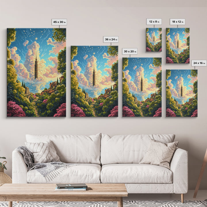 Floating Cloud Tower Canvas Print, Whimsical Fantasy Landscape Wall Art, Dreamy Garden Decor For Bedroom And Nursery Gift