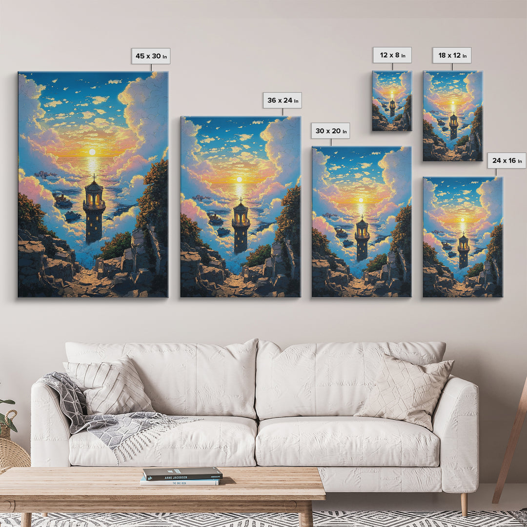 Sunset Sea Tower Canvas Print, Dreamy Cloud Ocean Landscape Wall Art, Coastal Fantasy Decor For Bedroom And Living Room Gift