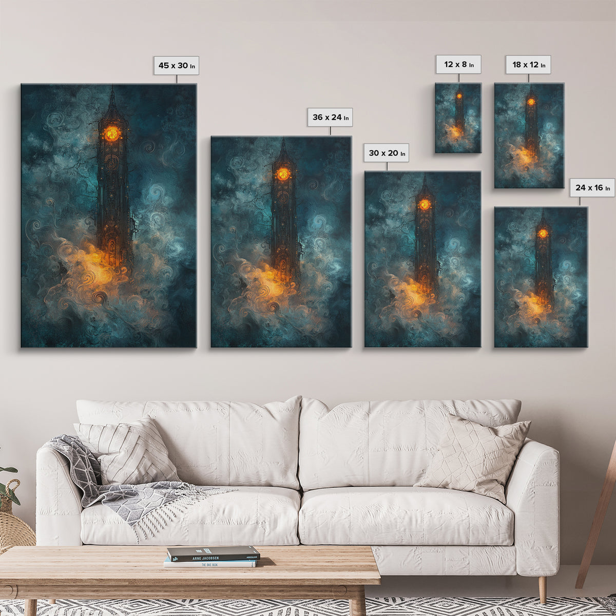 Dark Clock Tower In Teal Fog Wall Art, Gothic Fantasy Castle Canvas, Moody Steampunk Decor, Surreal Large Print, Living Room Wall Decor