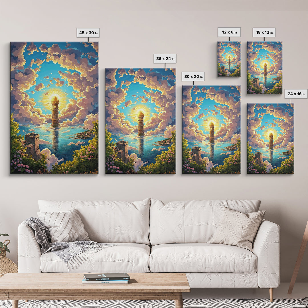 Sunlit Sea Tower And Golden Clouds Framed Canvas Print, Coastal Fantasy Wall Art, Ocean Landscape, Living Room Decor, Home Decor