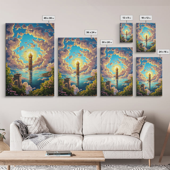 Sunlit Sea Tower And Golden Clouds Framed Canvas Print, Coastal Fantasy Wall Art, Ocean Landscape, Living Room Decor, Home Decor