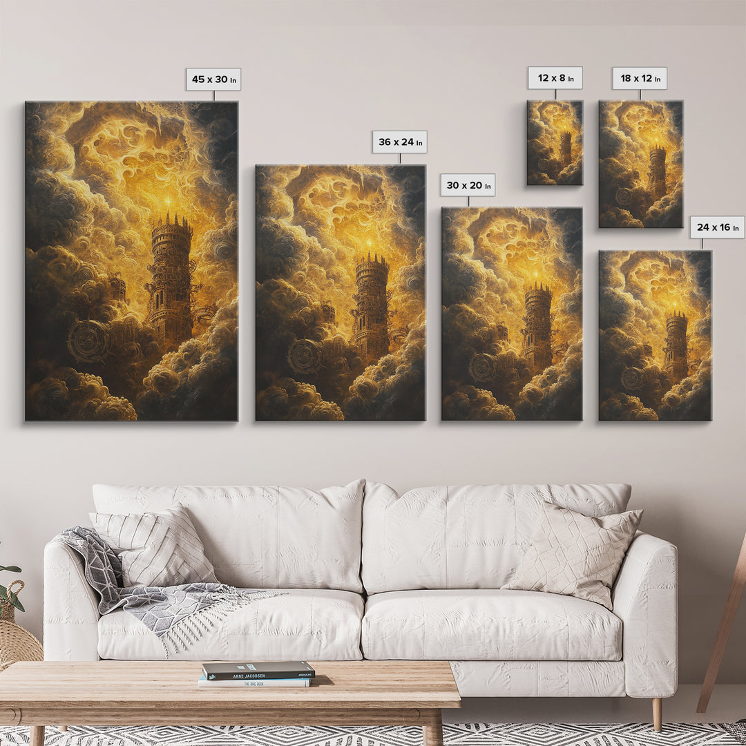 Golden Celestial Tower In Storm Clouds Canvas Print, Dark Fantasy Wall Art, Steampunk Castle, Gothic Living Room Decor Print