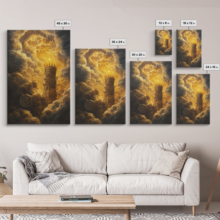 Golden Celestial Tower In Storm Clouds Canvas Print, Dark Fantasy Wall Art, Steampunk Castle, Gothic Living Room Decor Print