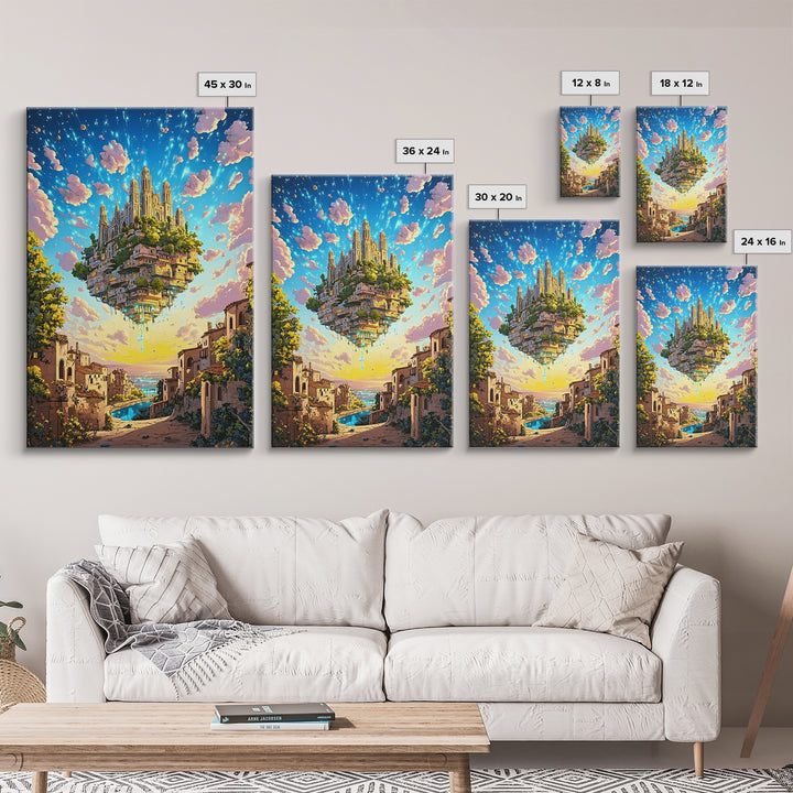 Floating Castle City Over Seaside Village Wall Art, Colorful Fantasy Canvas Print, Whimsical Coastal Living Room Decor Print