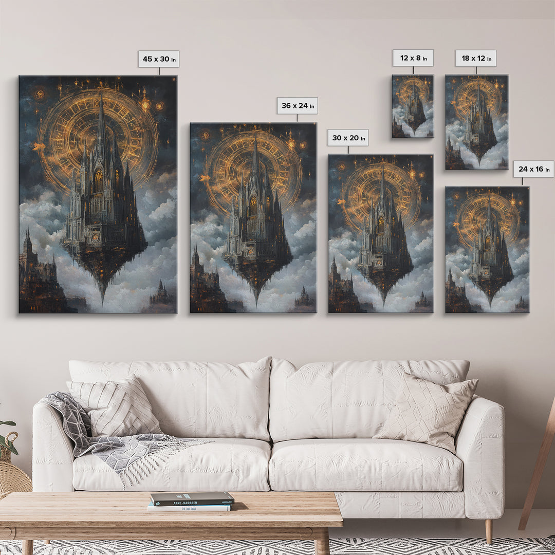 Floating Gothic Cathedral With Celestial Clock Framed Canvas Print, Dark Academia Wall Art, Steampunk Fantasy Office Decor