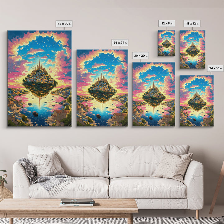 Floating Island City At Pink Sunset Wall Art, Vibrant Fantasy Landscape Canvas Print, Coastal Village, Colorful Home Decor