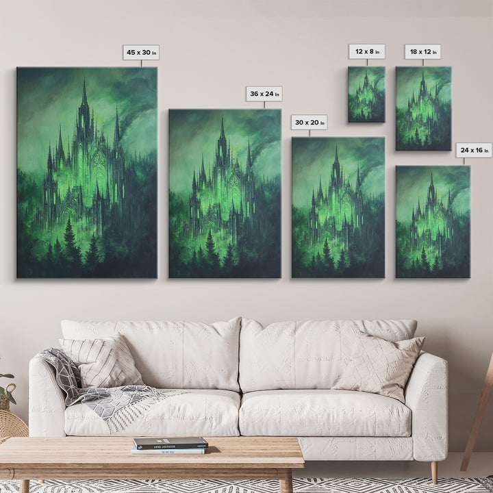 Emerald Gothic Castle In Misty Forest Wall Art, Dark Fantasy Decor, Moody Green Gothic Wall Decor, Magical Castle Print Poster