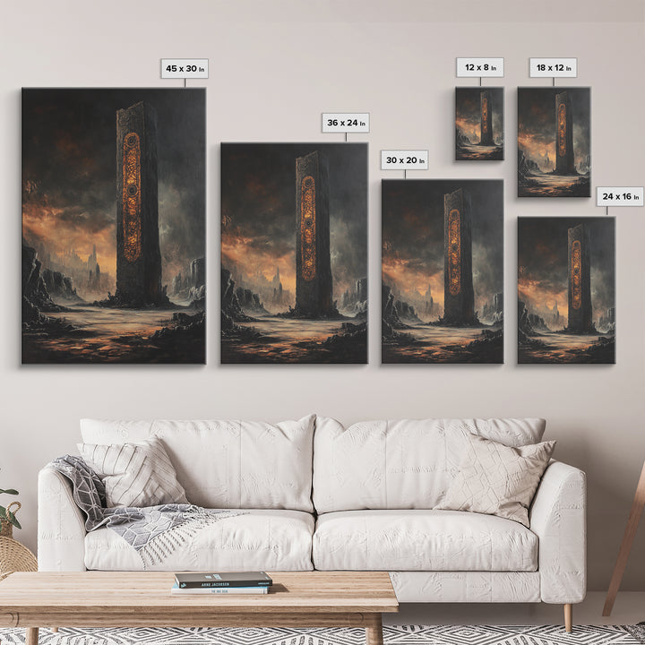Ancient Rune Monolith In Dark Wasteland Canvas Print, Dystopian Sci Fi Wall Decor, Futuristic Tower Art, Gothic Home Decor