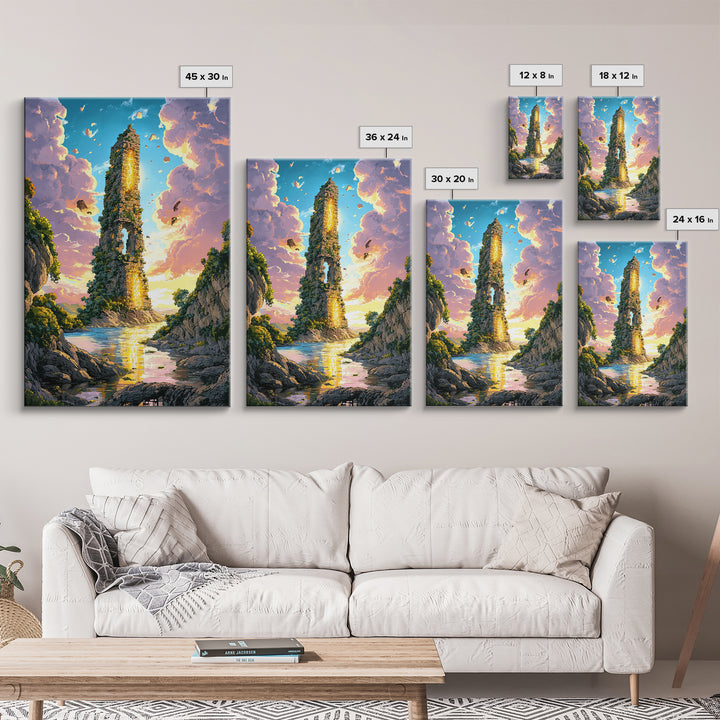 Sunlit Ruined Tower With Golden Portal Canvas Print, Fantasy River Landscape Art, Vibrant Coastal Wall Decor, Magical Home Decor