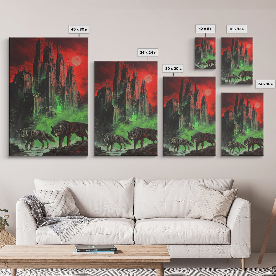 Red Moon Gothic Citadel With Wolves Wall Art, Dark Fantasy Castle Print, Black And Red Wall Decor, Moody Gothic Home Decor
