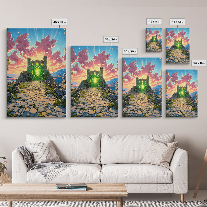 Glowing Green Ruined Castle Path Framed Canvas Print, Fantasy Landscape Wall Art, Colorful Mountain Decor, Whimsical Wolf Art