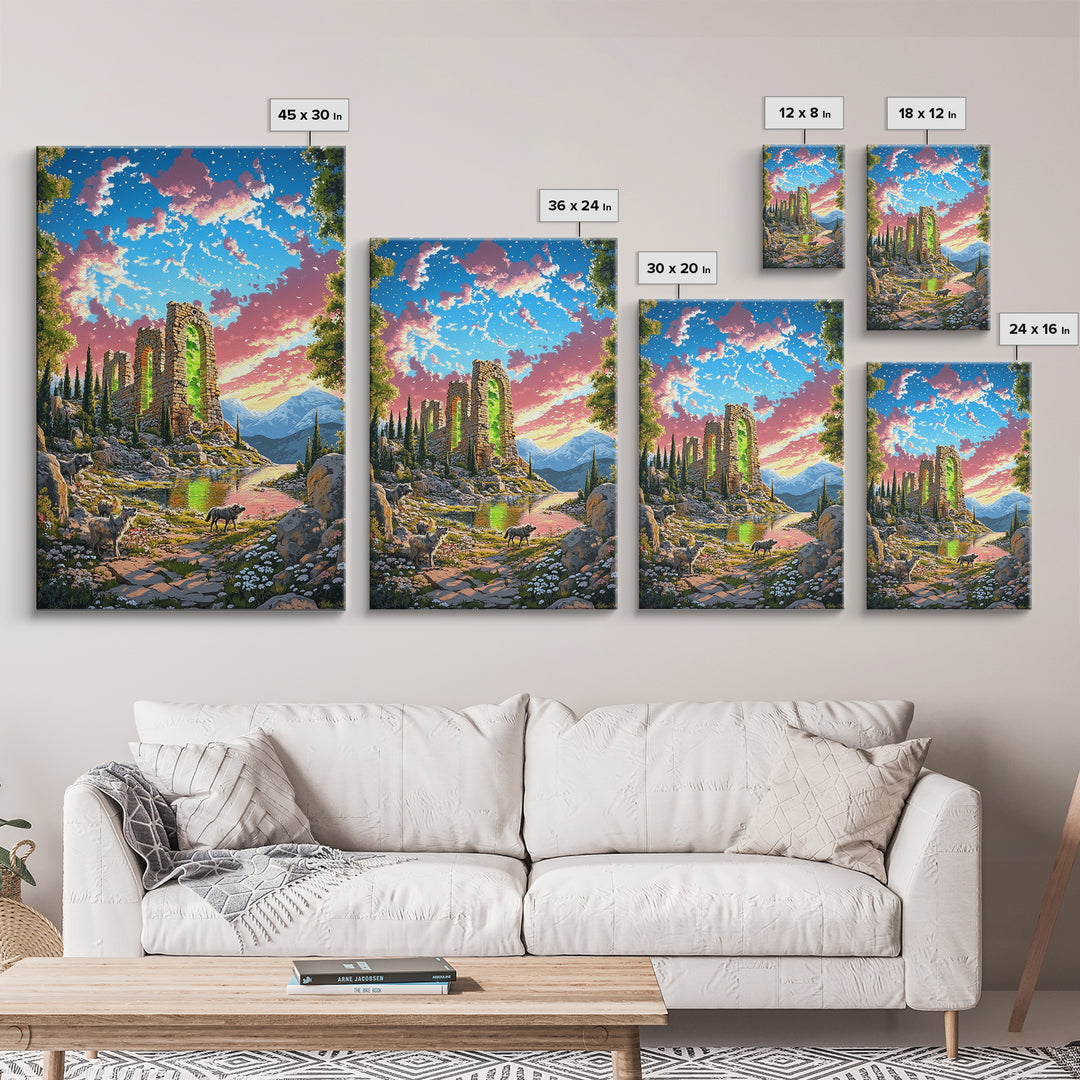 Sunset Stone Ruins With Green Portal Canvas Print, Fantasy Mountain Landscape Wall Art, Vibrant Nature Decor, Whimsical Goat Art