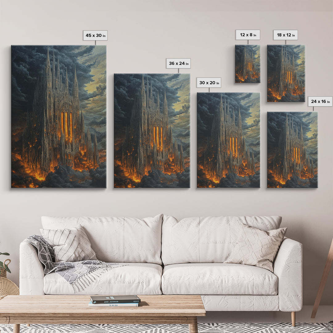 Fiery Gothic Cathedral In Storm Clouds Framed Canvas Print, Dark Fantasy Wall Art, Moody Medieval Decor For Dramatic Rooms