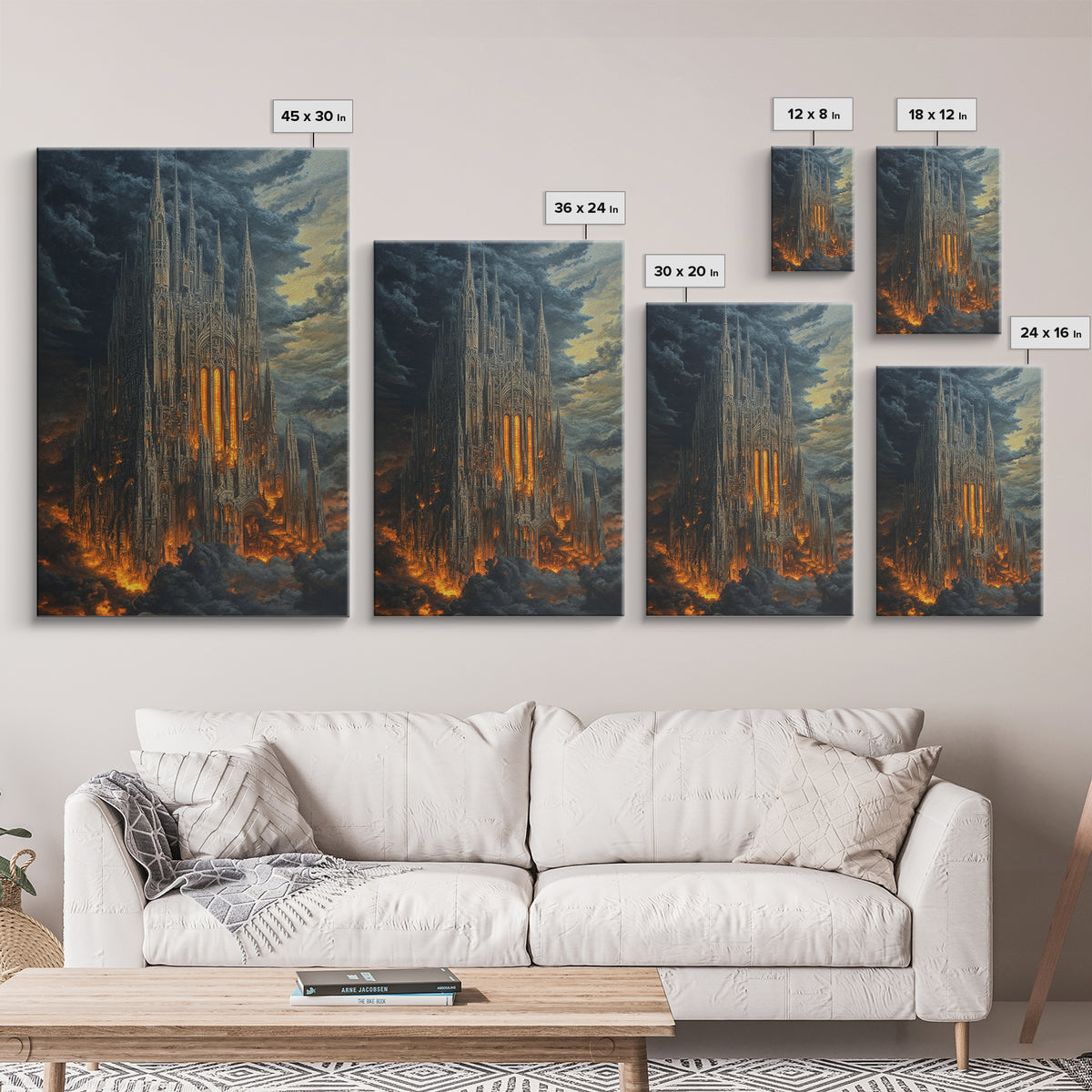 Fiery Gothic Cathedral In Storm Clouds Framed Canvas Print, Dark Fantasy Wall Art, Moody Medieval Decor For Dramatic Rooms