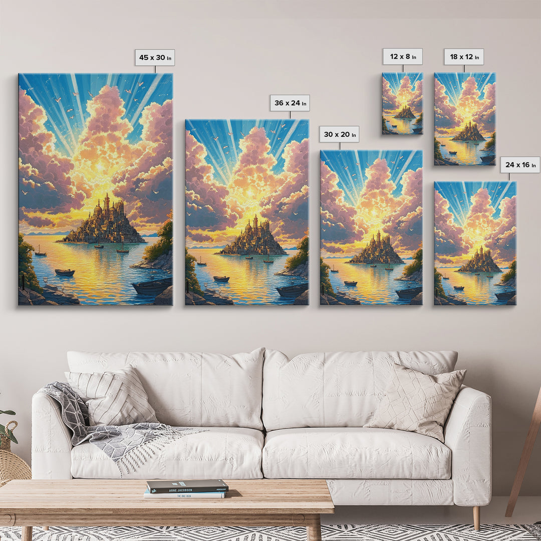 Golden Island Cathedral With Boats Canvas Print, Coastal Fantasy Wall Art, Sunset Seascape Decor For Serene Living Room Art