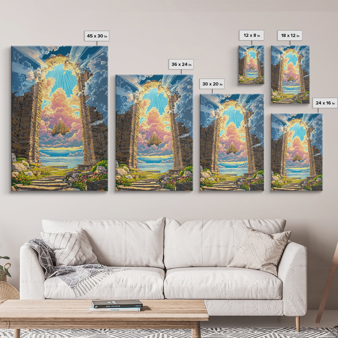 Stone Portal To Floating Castle Framed Canvas Print, Fantasy Landscape Wall Art, Magical Ruins Decor, Unique Gift For Her