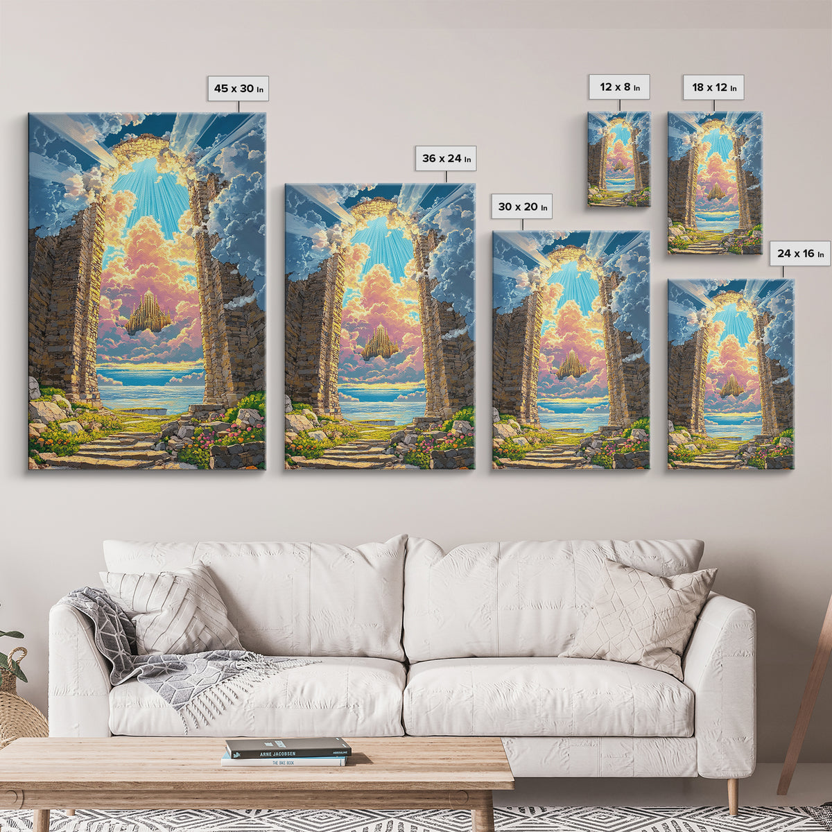 Stone Portal To Floating Castle Framed Canvas Print, Fantasy Landscape Wall Art, Magical Ruins Decor, Unique Gift For Her