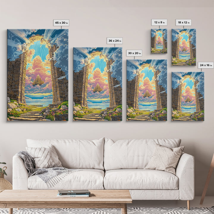 Stone Portal To Floating Castle Framed Canvas Print, Fantasy Landscape Wall Art, Magical Ruins Decor, Unique Gift For Her
