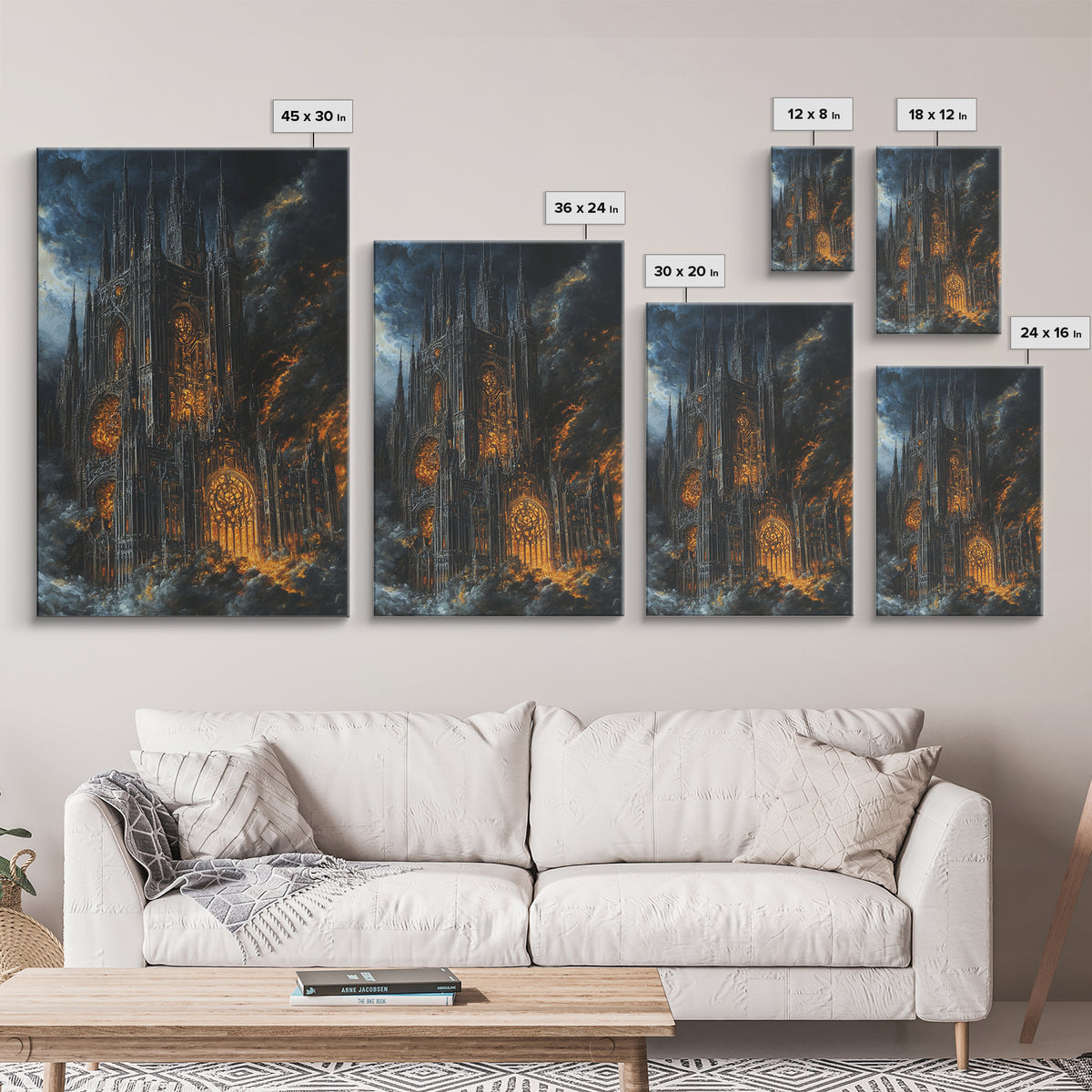 Burning Gothic Cathedral Under Stormy Sky Framed Canvas Print, Dark Academia Wall Art, Moody Medieval Decor Gift For Him