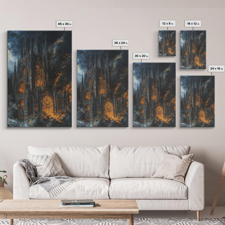Burning Gothic Cathedral Under Stormy Sky Framed Canvas Print, Dark Academia Wall Art, Moody Medieval Decor Gift For Him