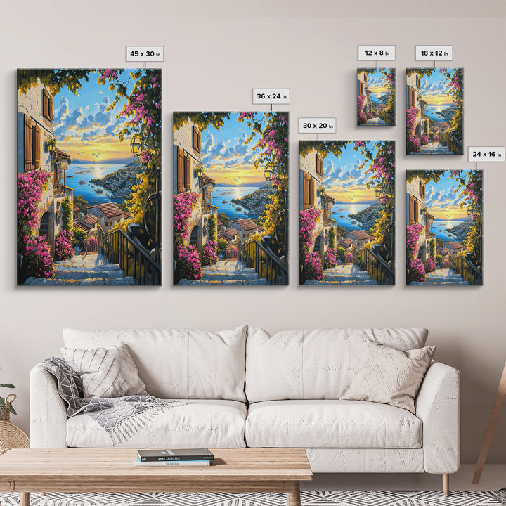 Mediterranean Village Steps Above Blue Sea Wall Art, Coastal Canvas Print, Floral Travel Poster Decor, Gift For Her Home Decor