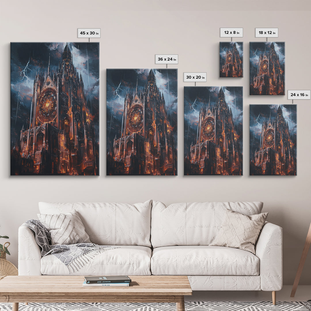 Stormy Gothic Cathedral With Lightning Framed Canvas Print, Dark Fantasy Wall Art, Dramatic Medieval Decor For Masculine Office