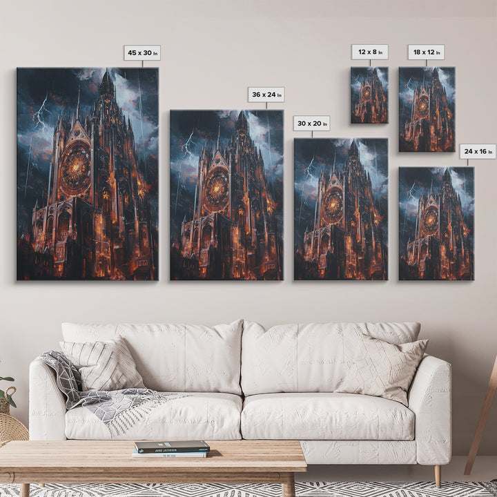 Stormy Gothic Cathedral With Lightning Framed Canvas Print, Dark Fantasy Wall Art, Dramatic Medieval Decor For Masculine Office