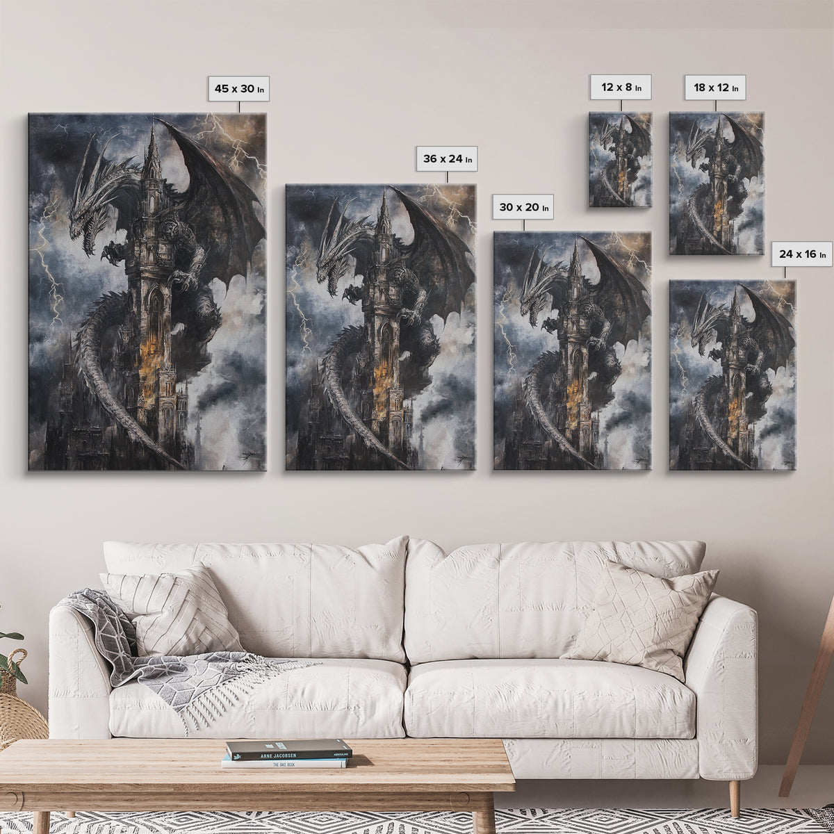 Dark Storm Dragon Cathedral Wall Art, Gothic Fantasy Castle Canvas, Lightning Dragon Print, Moody Medieval Home Decor Gift