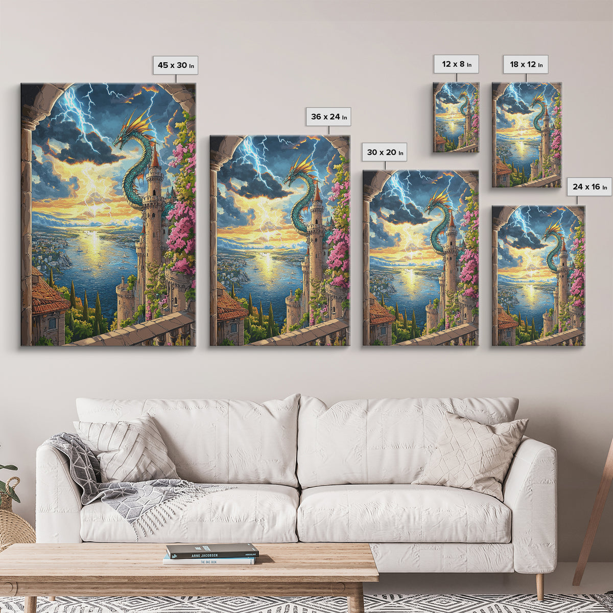 Sunset Sea Dragon Castle Wall Art, Vibrant Fantasy Coastal Landscape Print, Mediterranean Tower Living Room Decor, Gift For Her