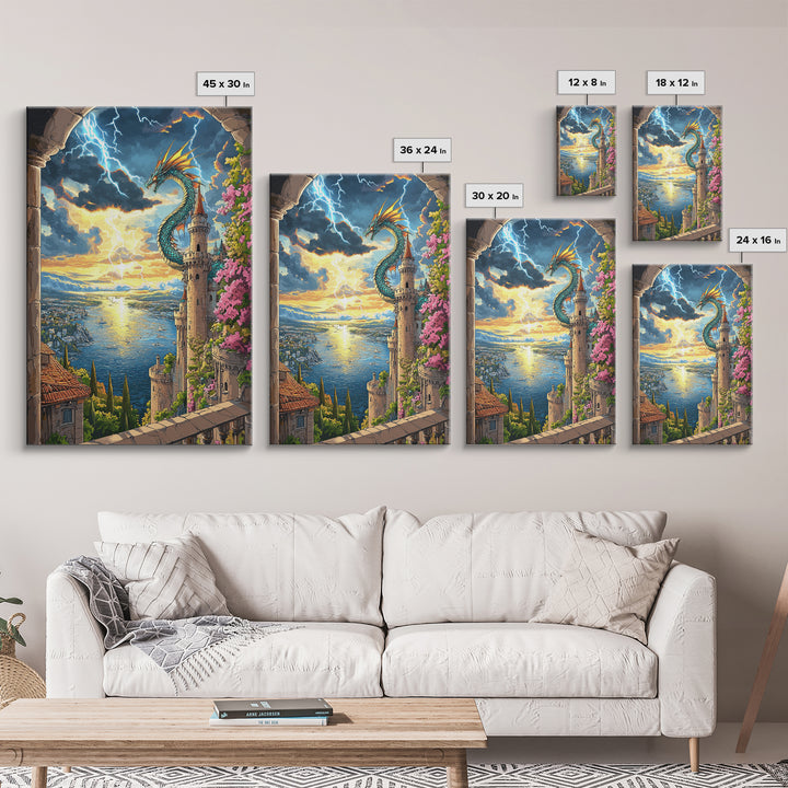 Sunset Sea Dragon Castle Wall Art, Vibrant Fantasy Coastal Landscape Print, Mediterranean Tower Living Room Decor, Gift For Her
