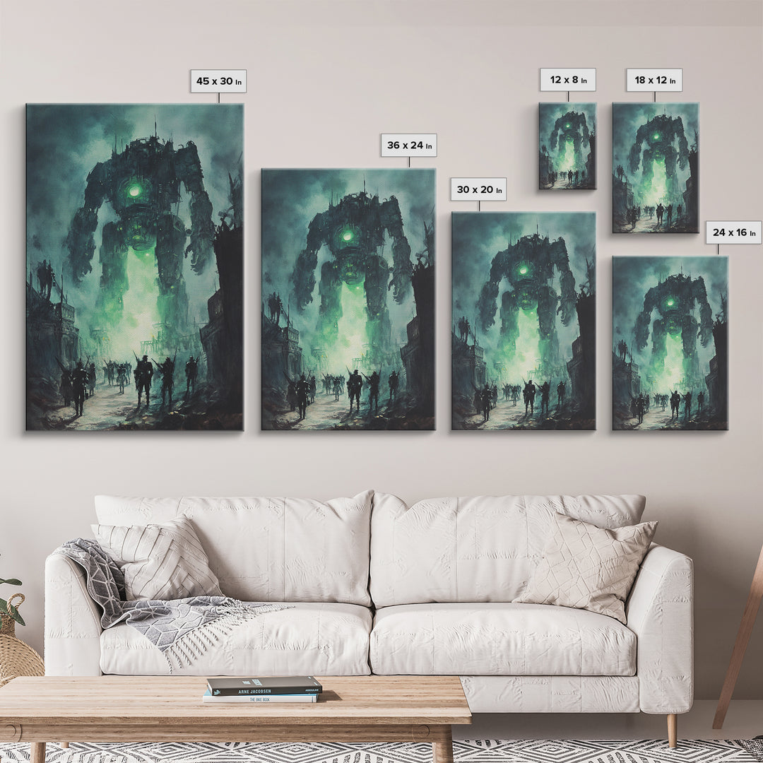 Green Glow Giant Robot Wall Art, Dark Sci Fi Dystopian City Canvas, Futuristic Mech Print, Gaming Room Decor Gift For Him