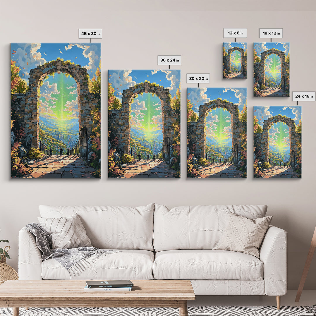 Sunlit Stone Arch Wall Art, Fantasy Coastal Ruins Canvas Print, Ocean Garden Path Landscape, Mediterranean Home Decor Gift