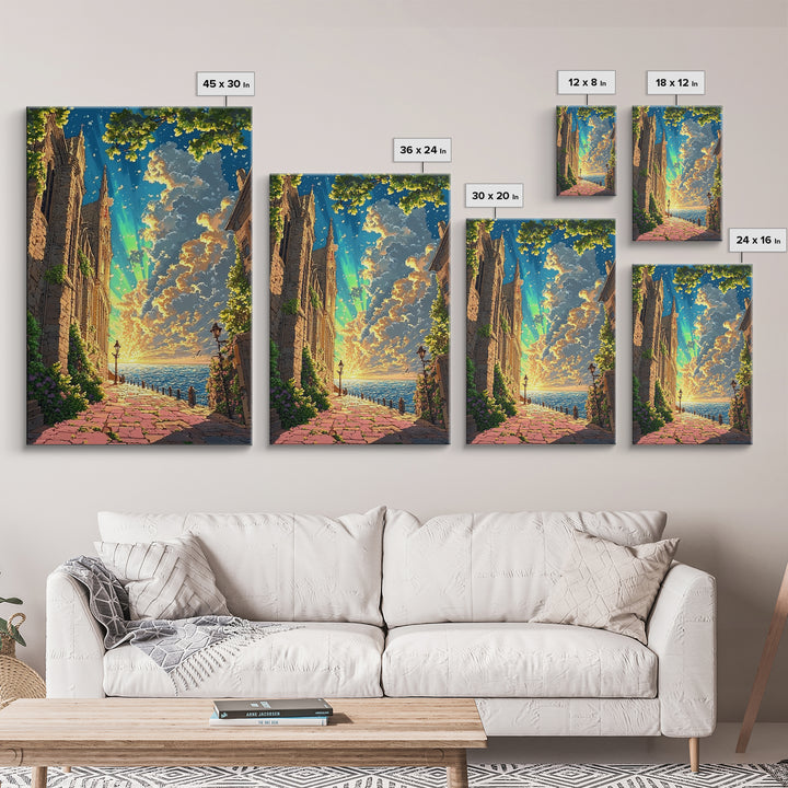 Seaside Gothic Cathedral Wall Art, Sunset Fantasy City Path Print, Aurora Sky Castle Decor, Whimsical Coastal Home Decor