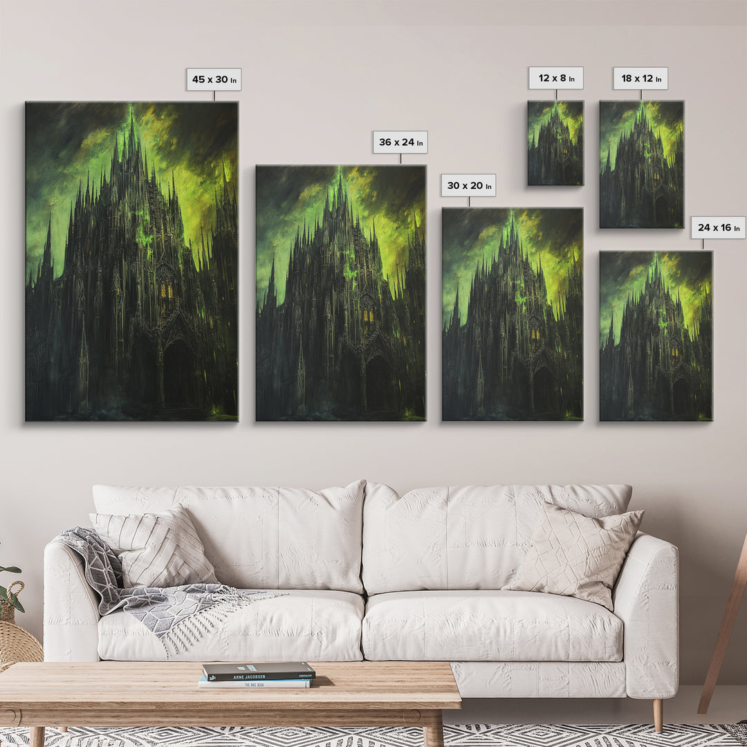 Dark Green Gothic Cathedral Wall Art, Moody Fantasy Castle Canvas Print, Black Spire Architecture, Dark Academia Decor Gift
