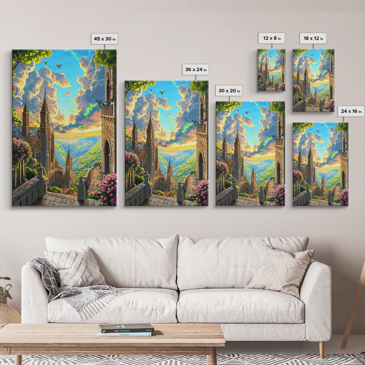 Sunlit Fantasy Cathedral Wall Art, Mountain Valley Castle Print, Floral Stone Balcony Landscape, Whimsical Home Decor Gift