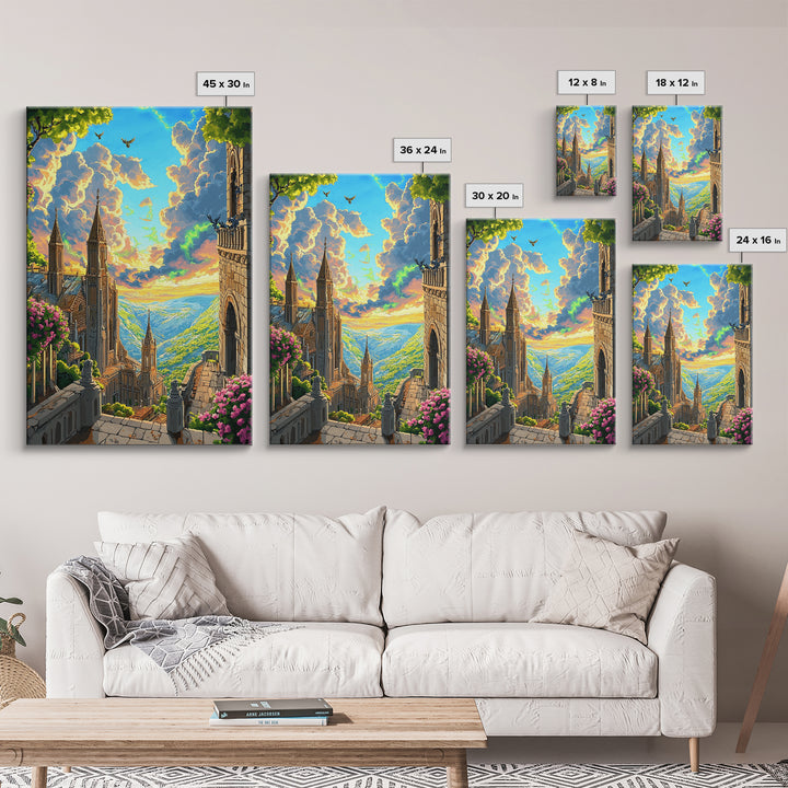 Sunlit Fantasy Cathedral Wall Art, Mountain Valley Castle Print, Floral Stone Balcony Landscape, Whimsical Home Decor Gift