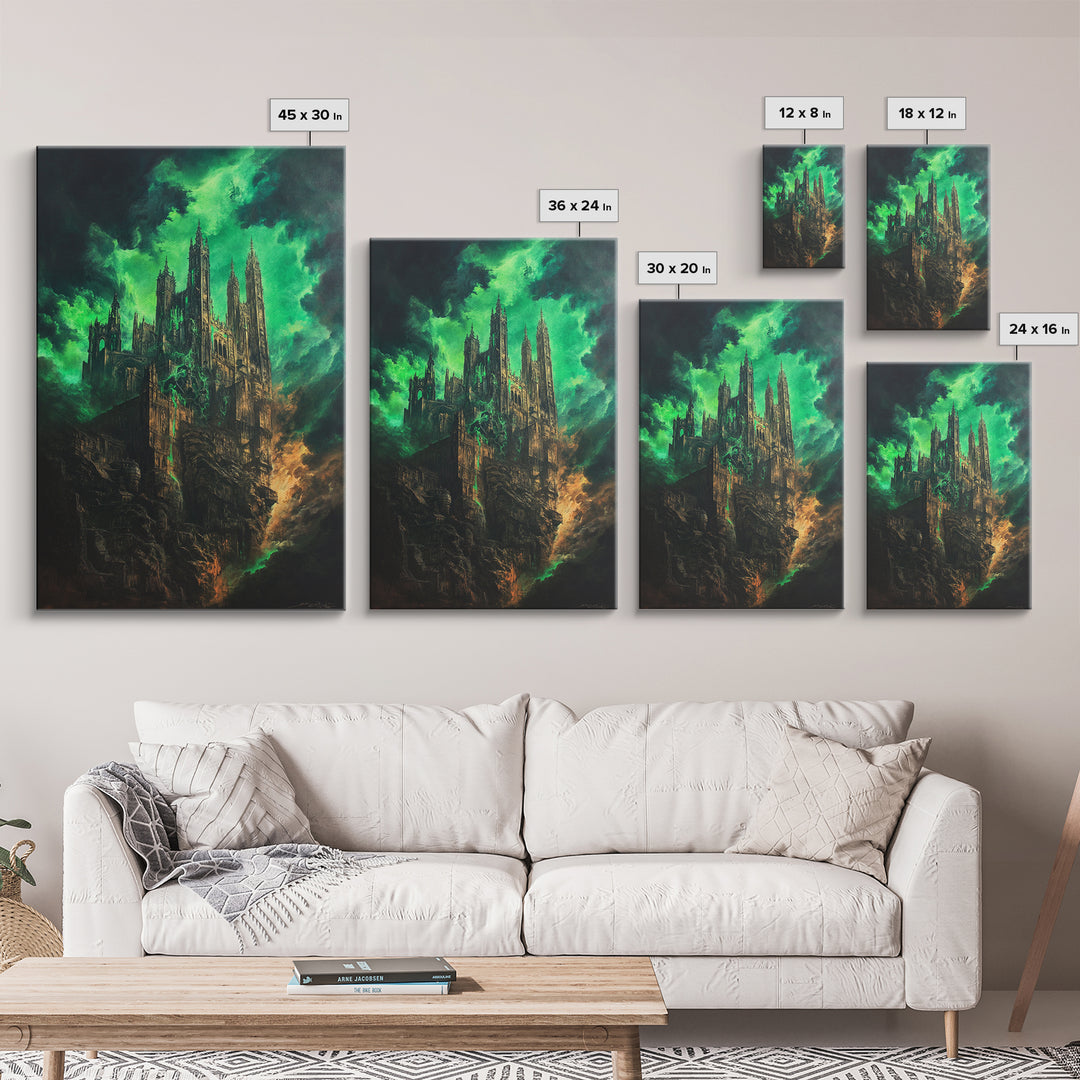Emerald Gothic Cathedral In Storm Clouds Framed Canvas Print, Dark Fantasy Art, Moody Wall Decor, Dramatic Office Decor