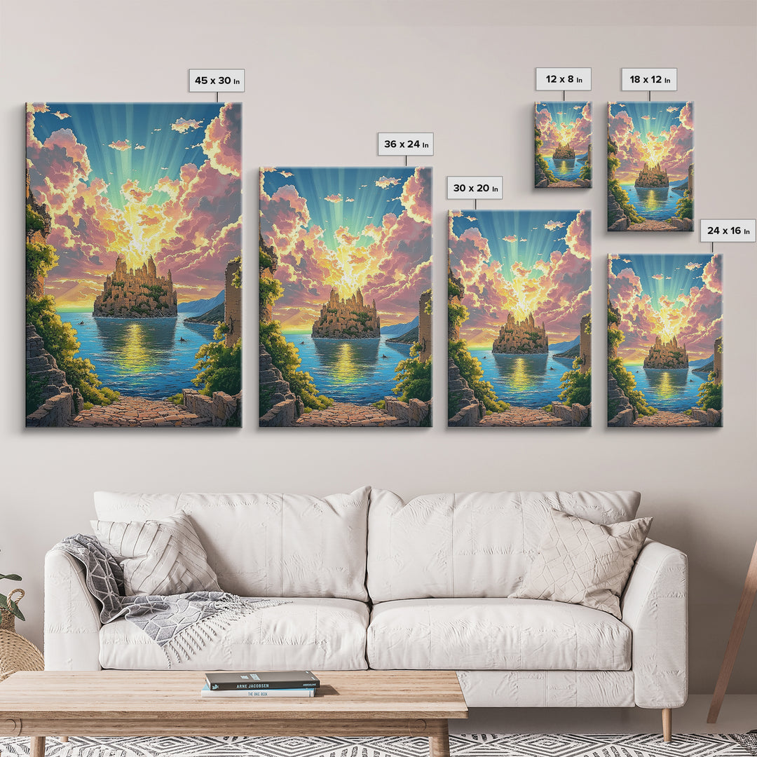 Sunlit Island Castle With Pink Clouds Canvas Print, Fantasy Landscape Wall Art, Coastal Decor, Large Living Room Art, Home Decor