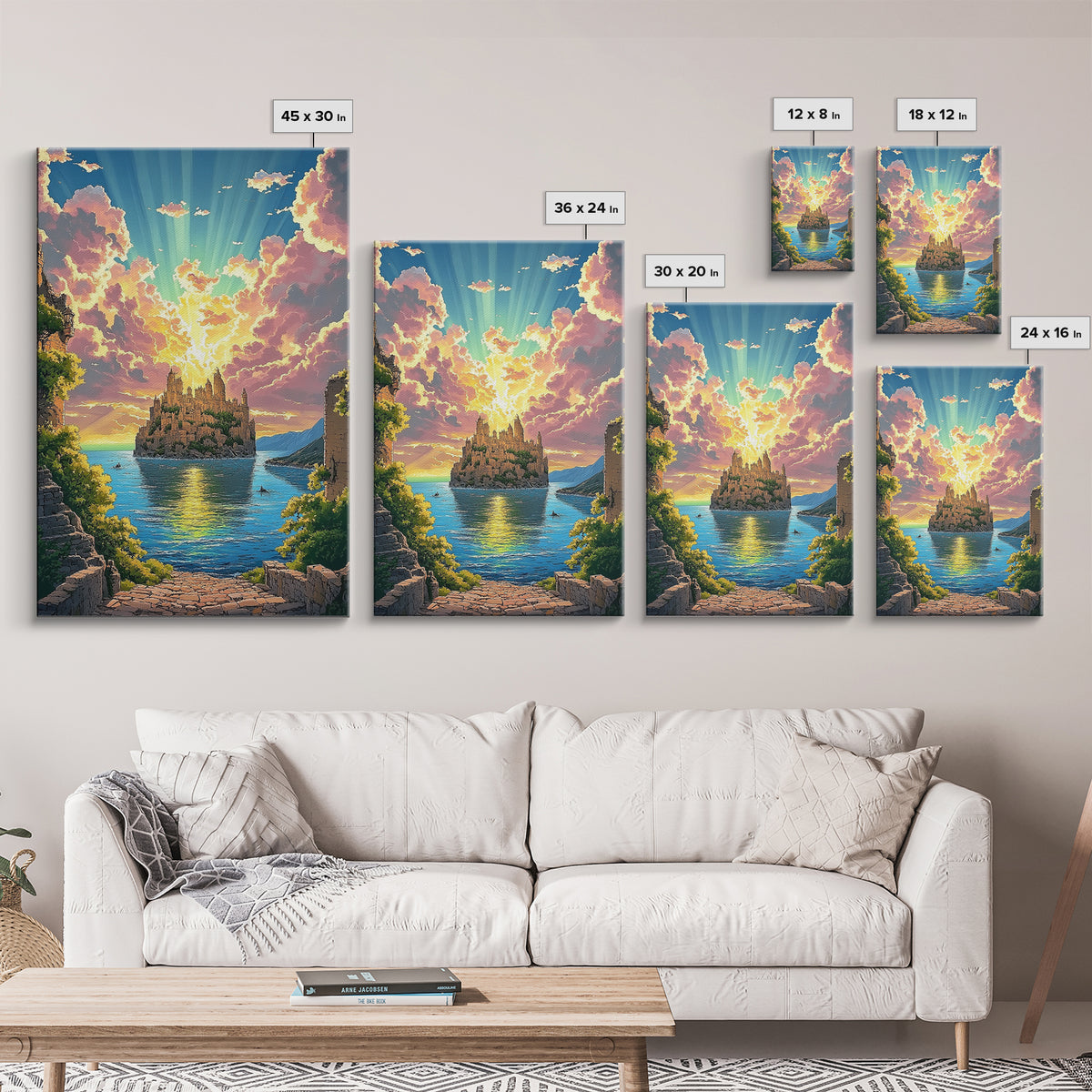 Sunlit Island Castle With Pink Clouds Canvas Print, Fantasy Landscape Wall Art, Coastal Decor, Large Living Room Art, Home Decor