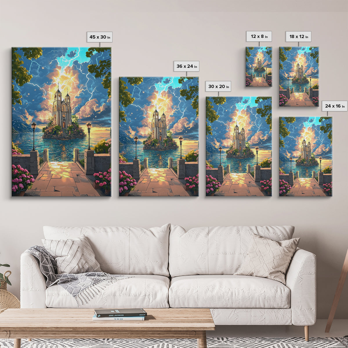 Lightning Over Island Cathedral And Lake Walkway Wall Art, Fantasy Landscape Print, Statement Living Room Decor Gift Idea